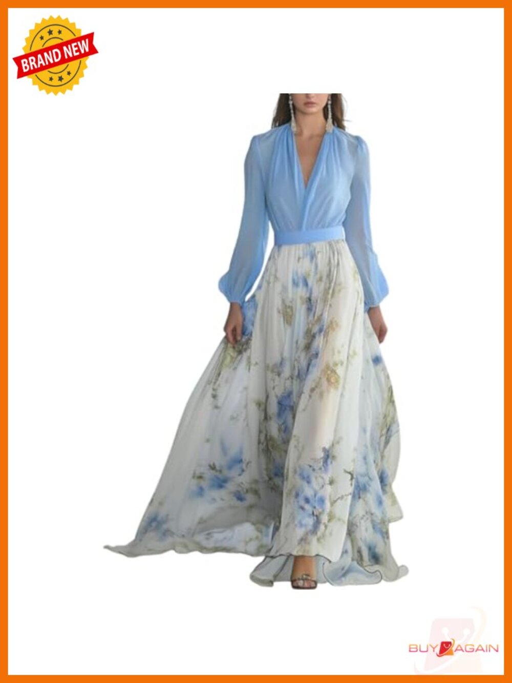 Chiffon Long Sleeve V-Neck Empire Waist A-Line Maxi Dress Wedding Guest